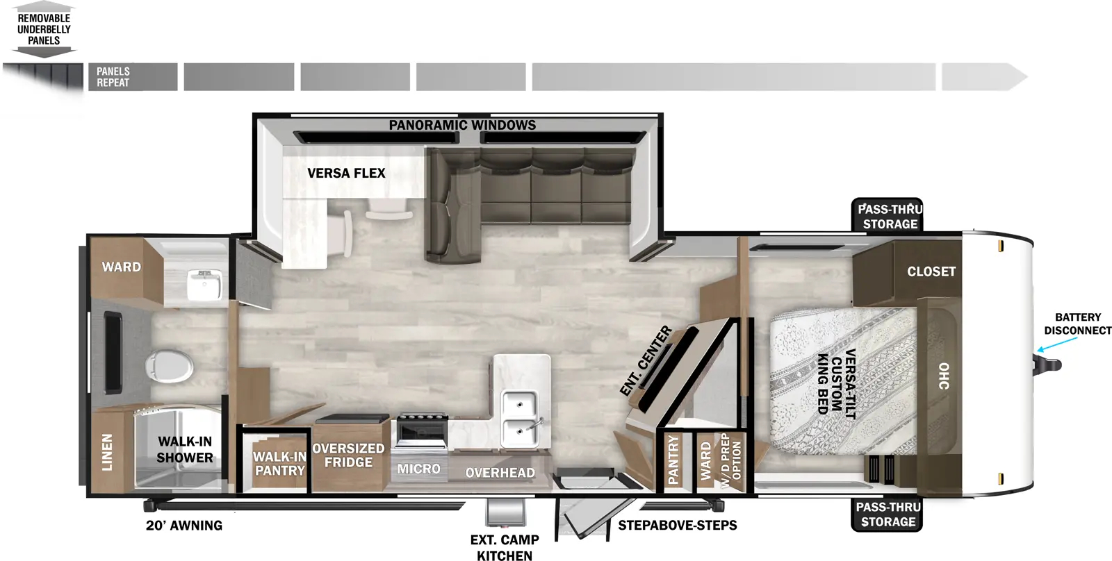 The Salem Southwest T26RBS floorplan has one entry and one slide out. Exterior features include: metal or fiberglass exterior, 20' awning and outside kitchen. Interiors features include: front bedroom and rear bathroom.